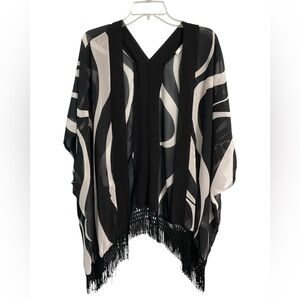 Rosen Mode black white sheer kimono with fringe Size L